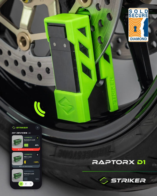 RaptorX D1 smart disc lock on a motorcycle brake disc